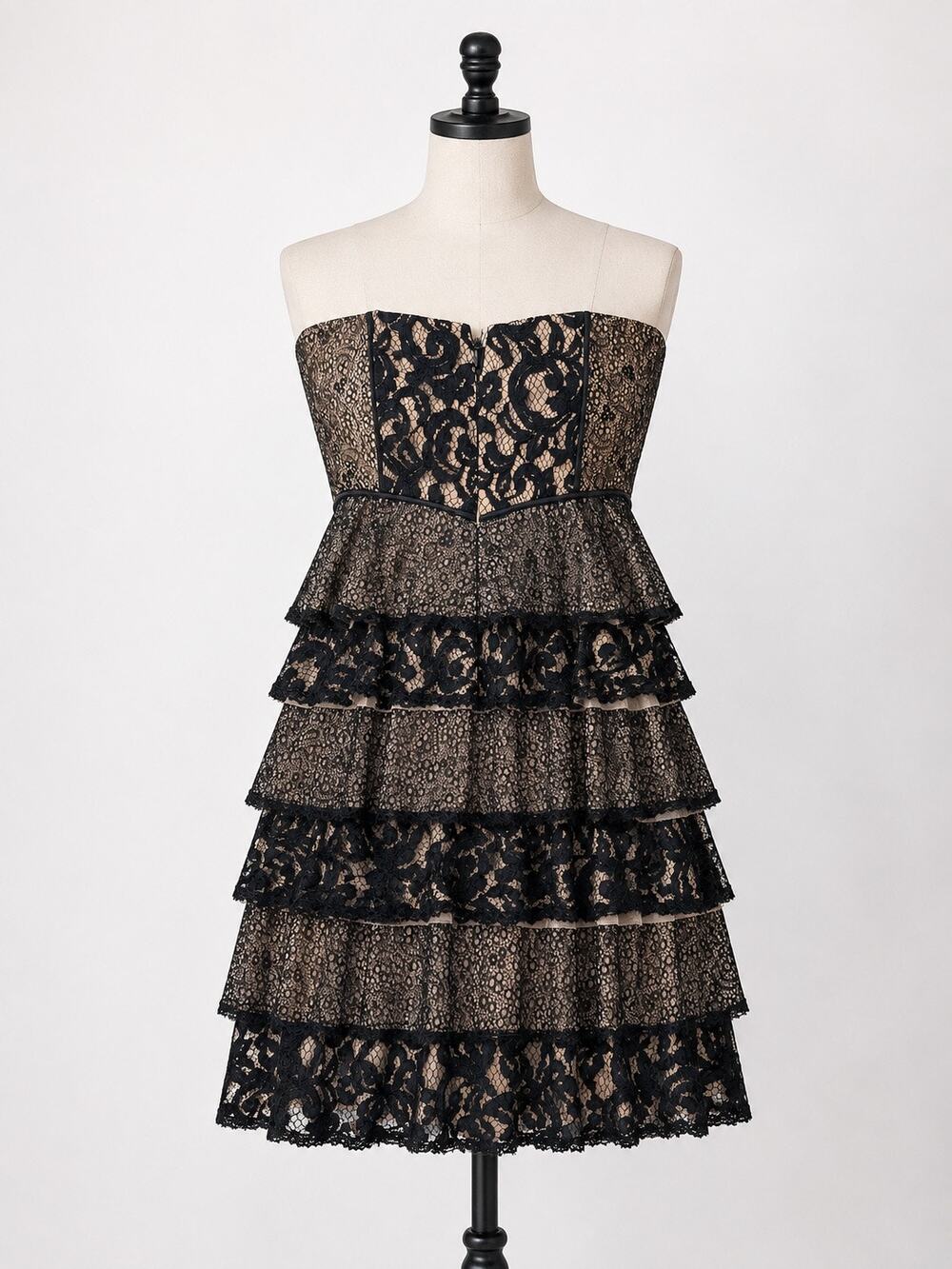 BCBG Max Azria Y2K Strapless Black Lace Tiered Mini Dress Size 4